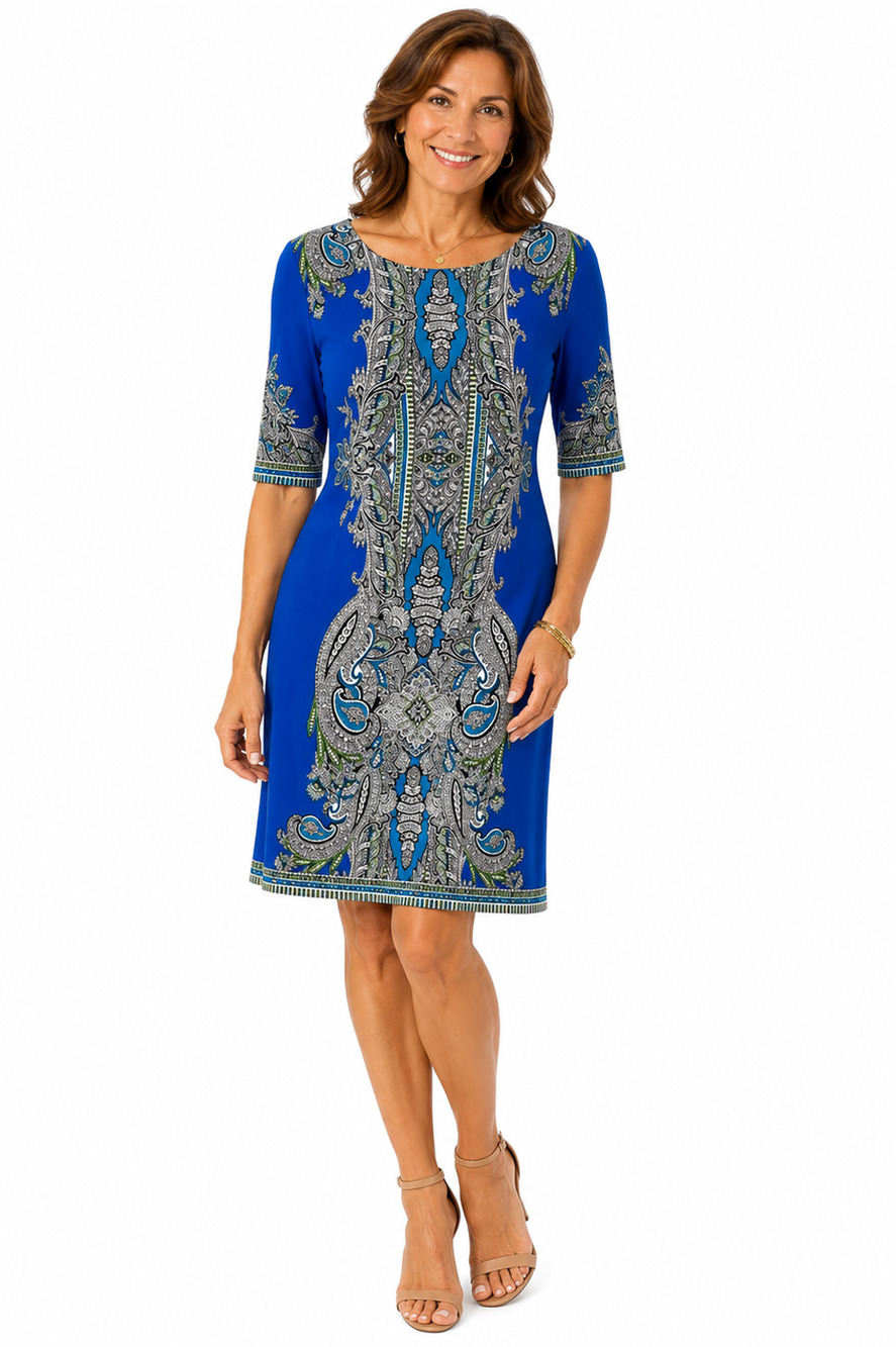 Sandra Darren Womens Blue Jersey Knit Career Stretch Paisley Dress 1/2 Sleeve 10